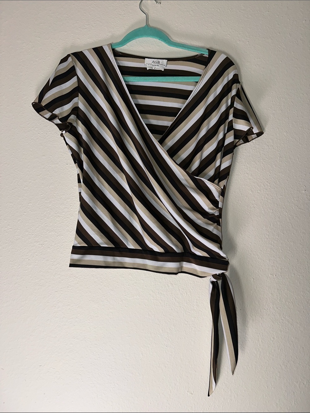 AGB Brown, White & Black Striped Side-Tie Wrap Top